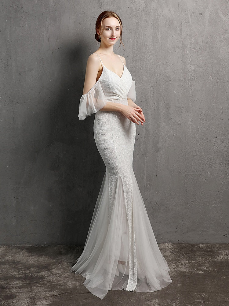 Vestido de Festa Longo Elegante com Manga com Renda Branco
