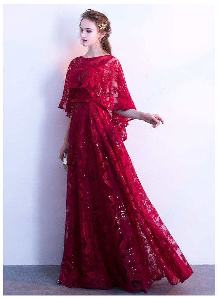 Vestido de Festa Longo com Manta Rendada Marsala