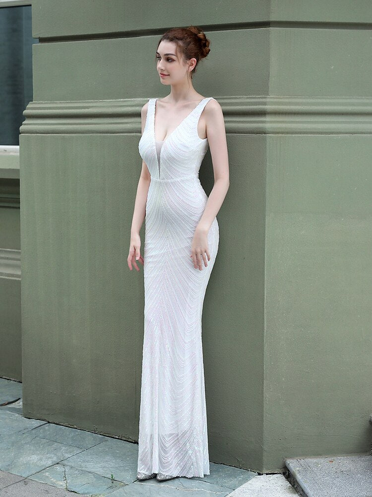 Vestido de Festa Longo Sereia Brilho sem Manga Branco