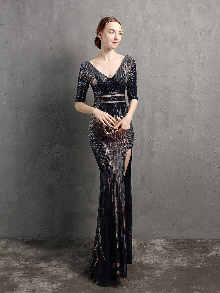 Vestido de Festa Longo Sereia Chiffon Brilho Azul Marinho