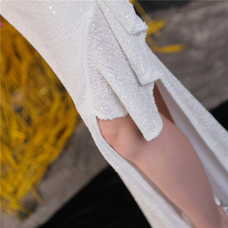 Vestido de Festa Longo Assimétrico com Detalhes Babados Branco