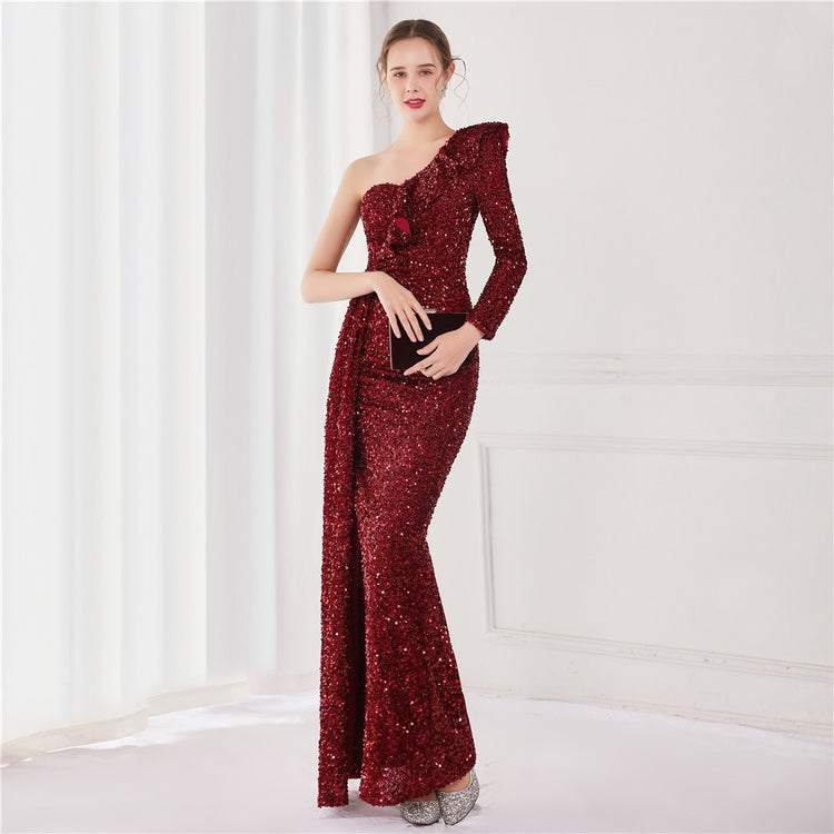 Vestido de Festa Longo com Babados Assimétricos Marsala