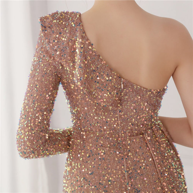 Vestido de Festa Longo com Babados Assimétricos Dourado