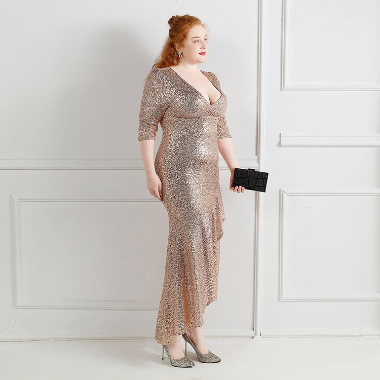 Vestido de Festa Midi com Tecido Brilho e Babados Dourado