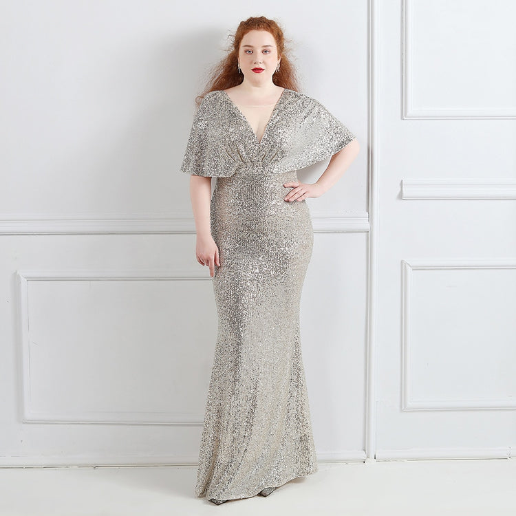 Vestido de Festa Plus Size com Manga Manta Prateado