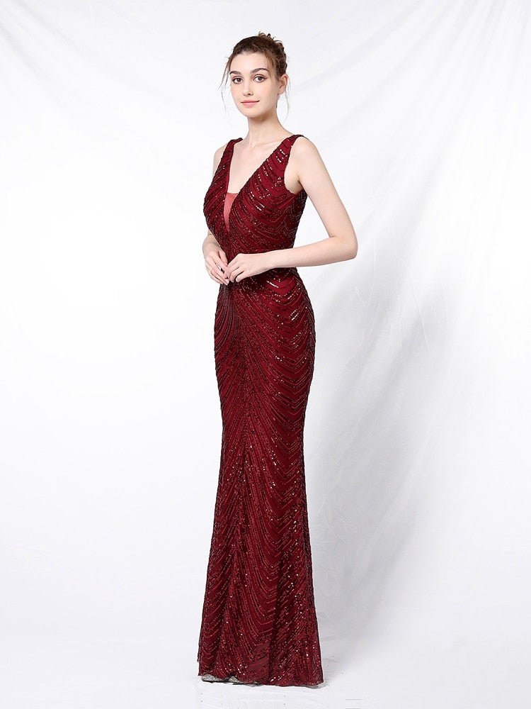 Vestido de Festa Longo Sereia Brilho sem Manga Marsala