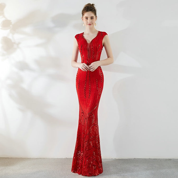 Vestido de Festa Longo Sereia com Decote V Brilho Vermelho