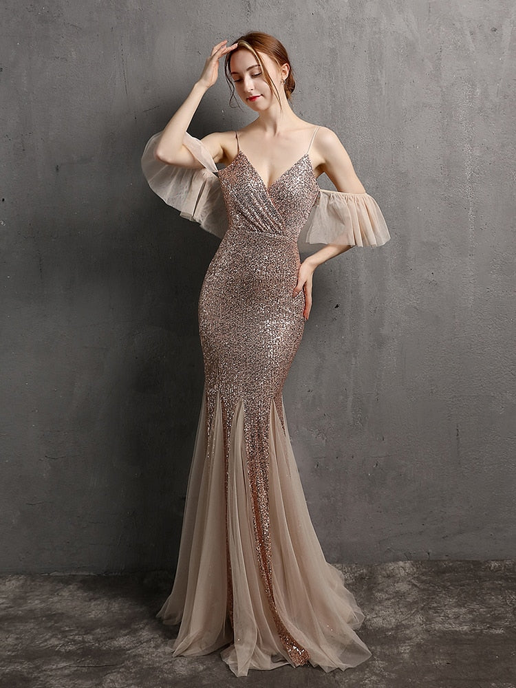 Vestido de Festa Longo Elegante com Manga com Renda Champagne