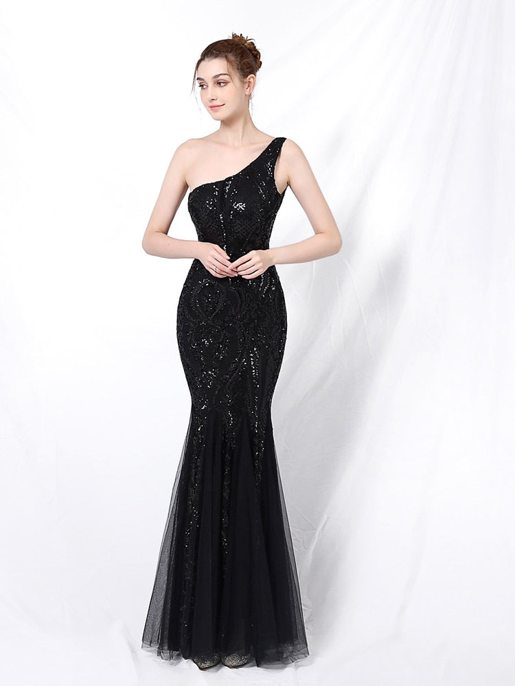 Vestido de Festa Ombro Único em Tule com Bordados Paetês Preto