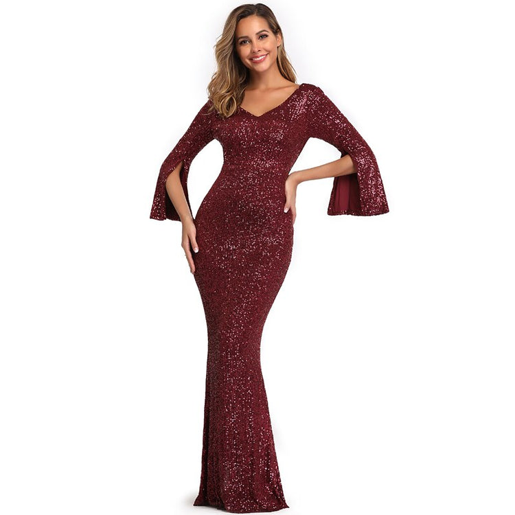 Vestido de Festa Longo com Brilho Marsala e Mangas 3/4
