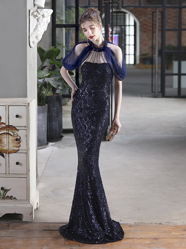 Vestido De Festa Longo Com Decote Em Tule Azul Marinho