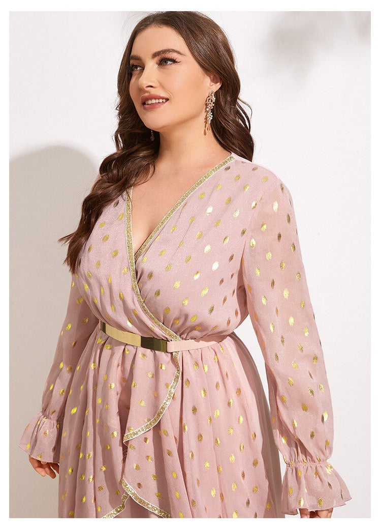 Vestido de Festa Rosé com Babados e Detalhe Cinto Dourado