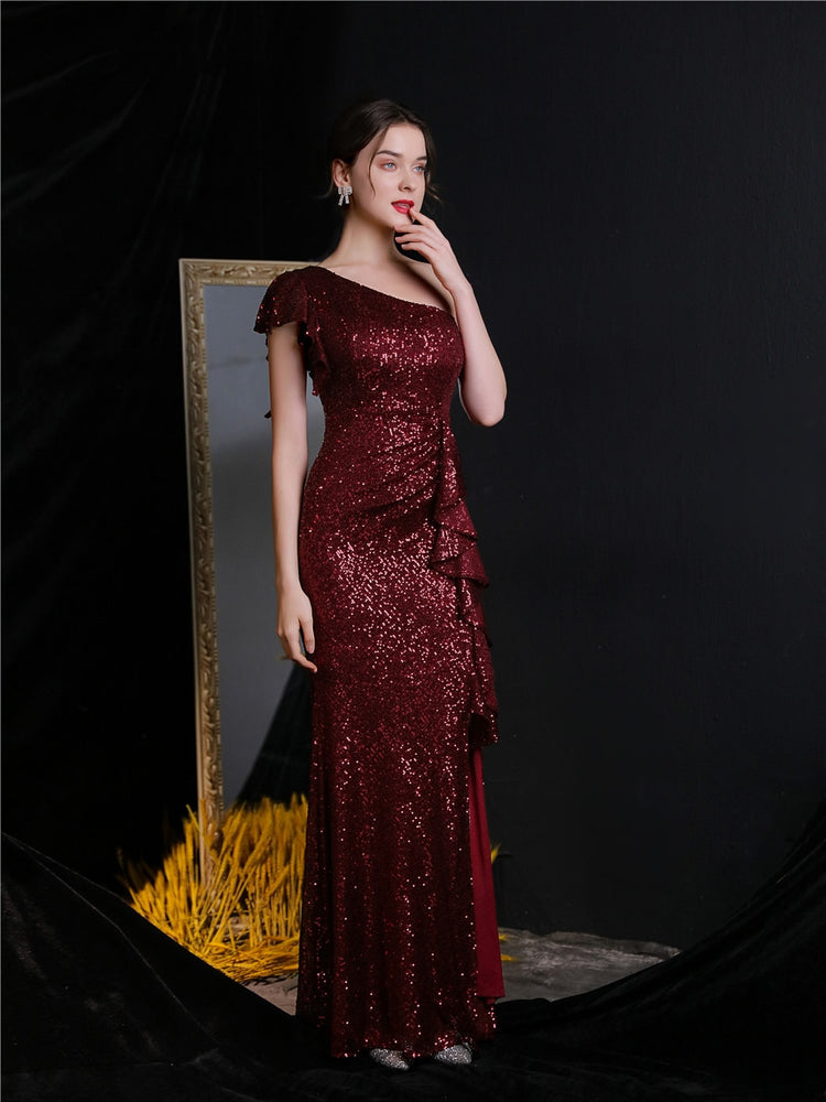 Vestido de Festa Longo com Abertura Bordada Brilho Marsala