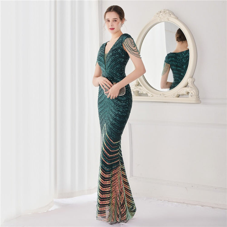 Vestido de Festa Luxo Sereia com Detalhes Paetês Verde