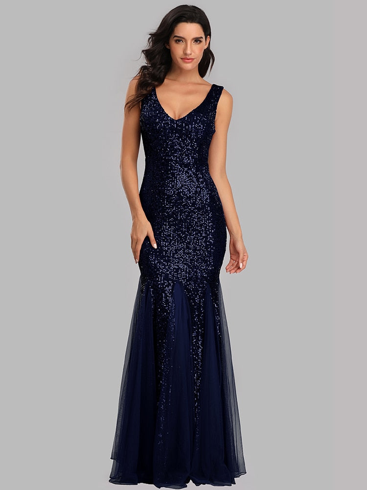 Vestido de Festa Longo Sereia com Detalhes Paetês Azul Marinho