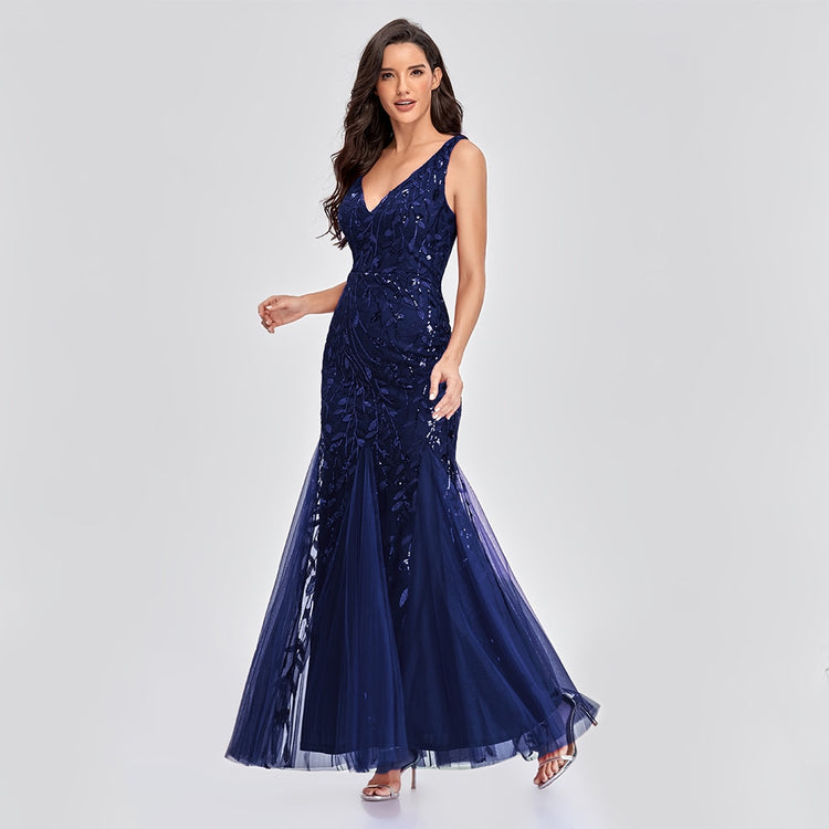 Vestido de Festa Longo Sereia com Detalhes Brilho Bordados Azul Marinho