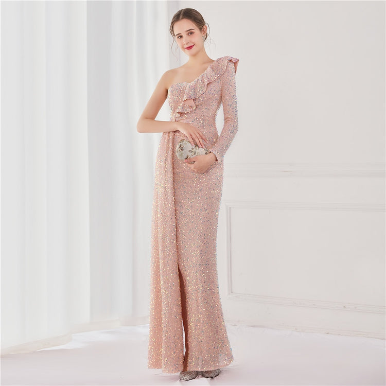 Vestido de Festa Longo com Babados Assimétricos Rosé