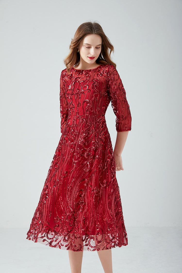Vestido de Festa Marsala Luxo Midi com Detalhes Paetês