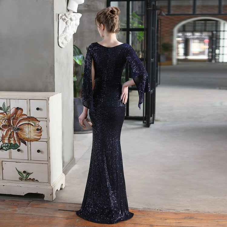 Vestido de Festa Longo com Manta Brilho Azul Marinho