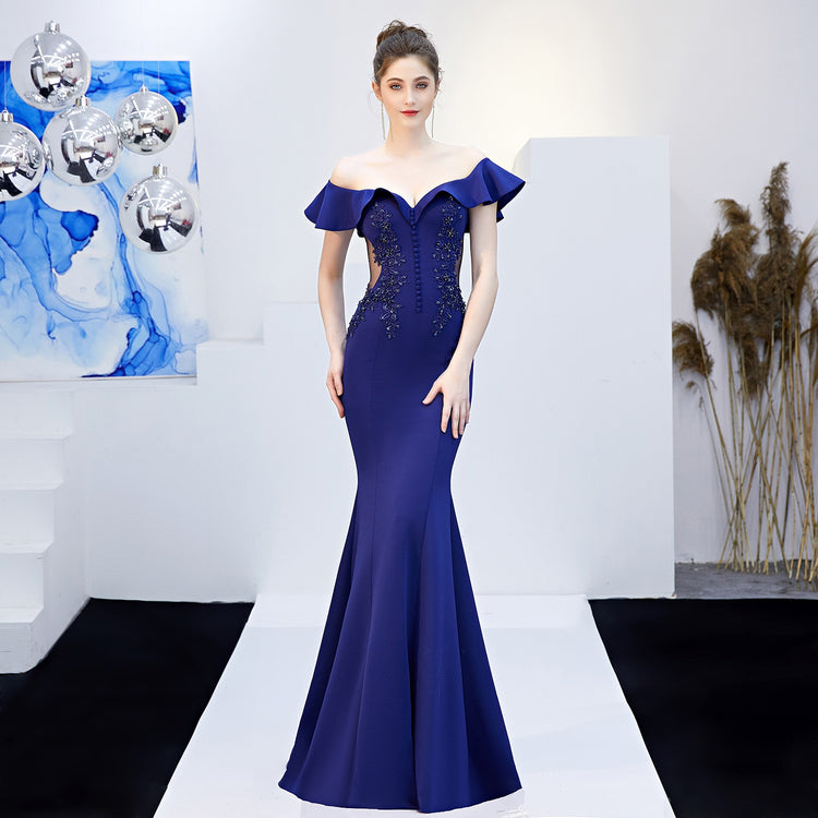 Vestido de Festa Longo com Manga Pétala Azul Marinho