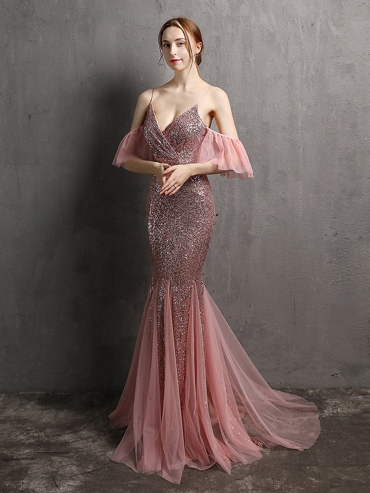 Vestido de Festa Longo Elegante com Manga com Renda Rosa Empoeirado