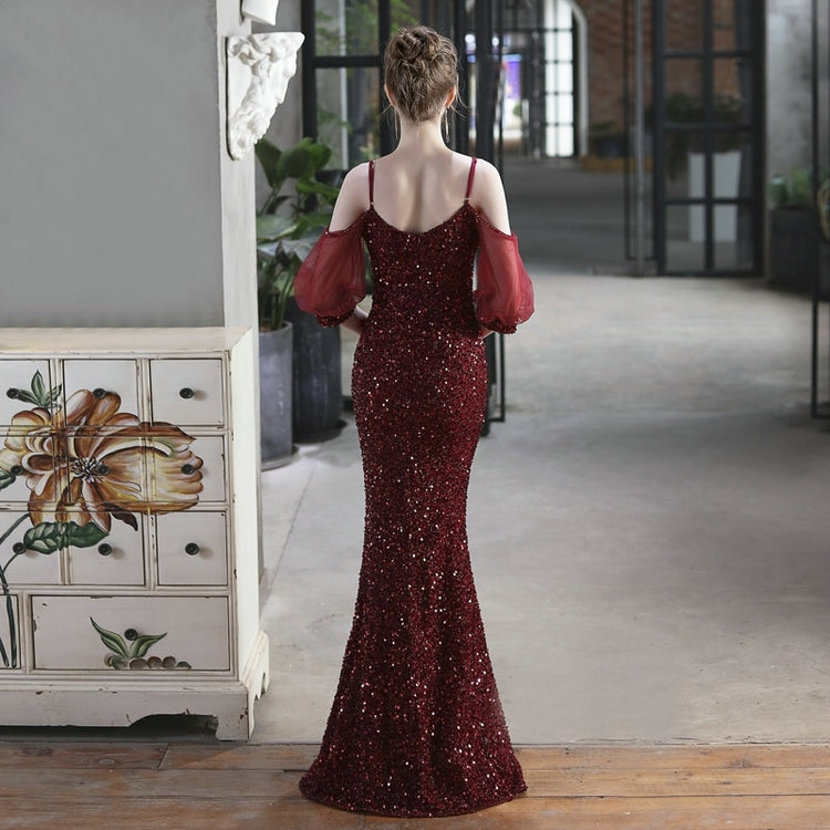 Vestido de Festa Longo Sereia Brilho com Manga e Renda Marsala
