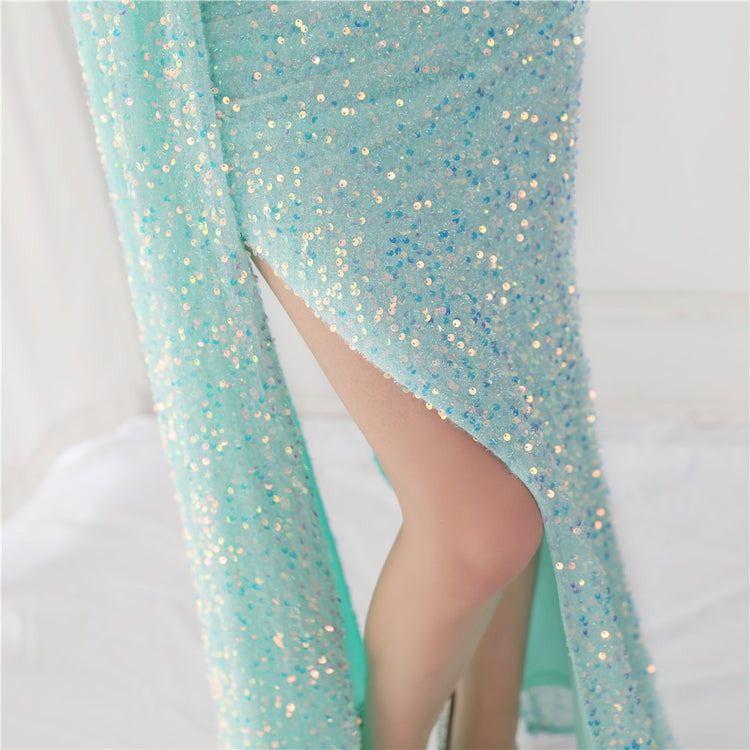 Vestido de Festa Longo com Babados Assimétricos Azul Tiffany