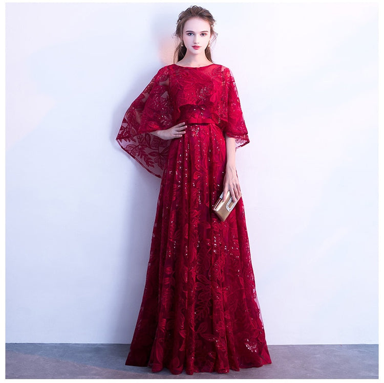 Vestido de Festa Longo com Manta Rendada Marsala