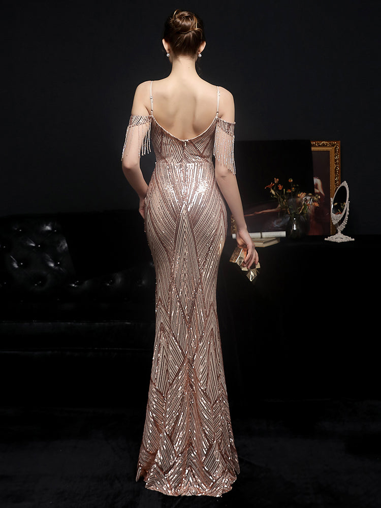 Vestido de Festa Luxo com Manga Detalhada Dourado