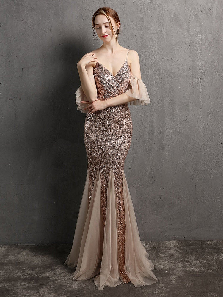 Vestido de Festa Longo Elegante com Manga com Renda Champagne