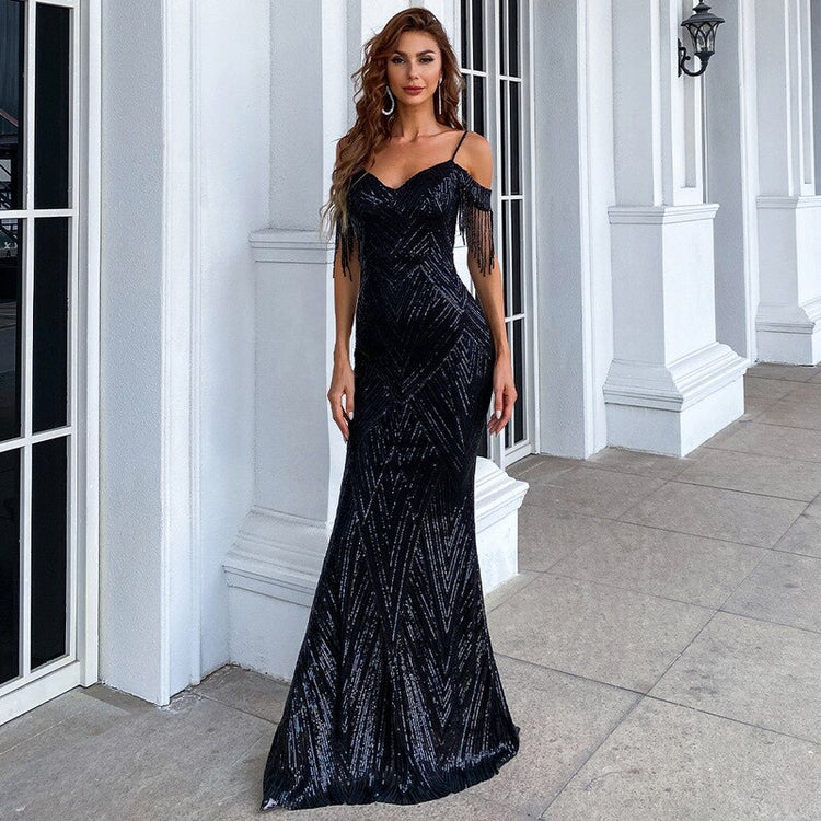 Vestido de Festa Luxo com Manga Detalhada Preto