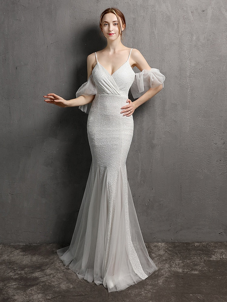 Vestido de Festa Longo Elegante com Manga com Renda Branco