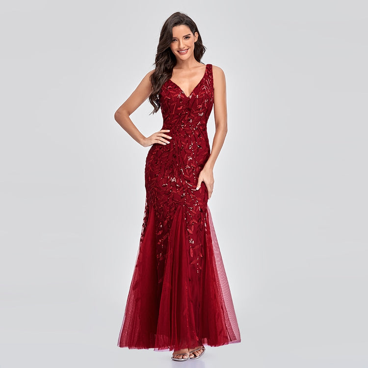 Vestido de Festa Longo Sereia com Detalhes Brilho Bordados Marsala