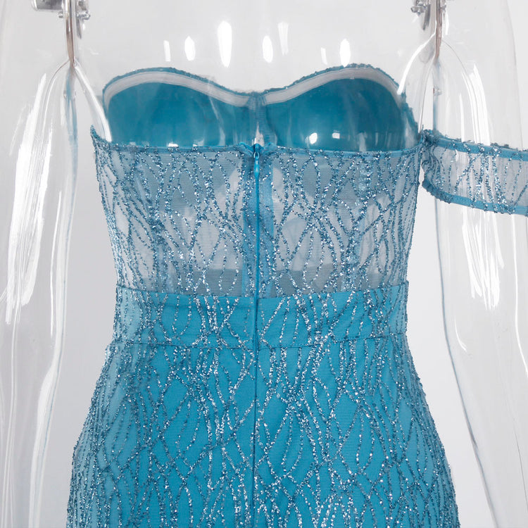 Vestido de Festa Longo com Fenda e Transparência Azul Serenity