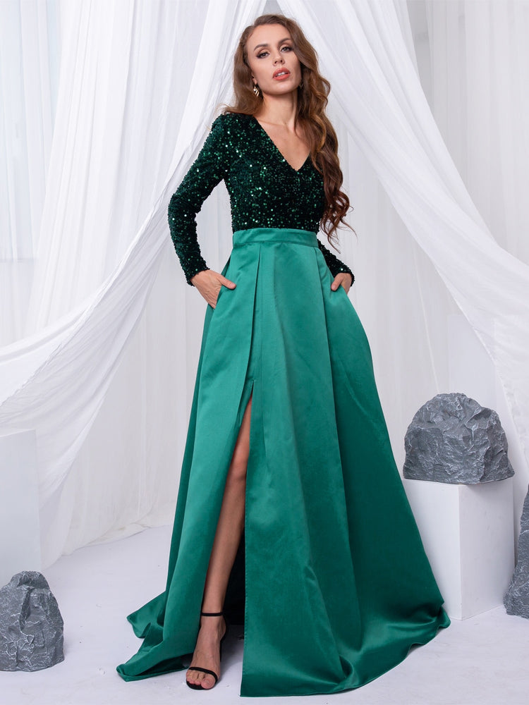 Vestido de Festa Longo Brilho com Abertura Lateral Verde