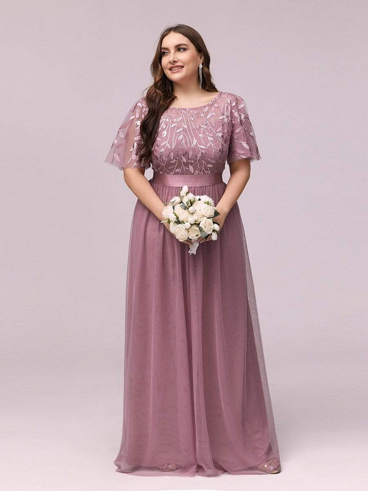 Vestido de Festa Longo com Detalhes Manta Bordada Rosa Empoeirado