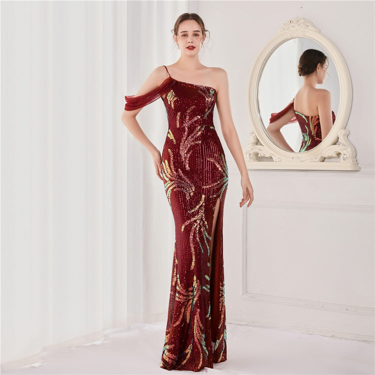 Vestido de Festa Luxo com Paetês Bordados Marsala