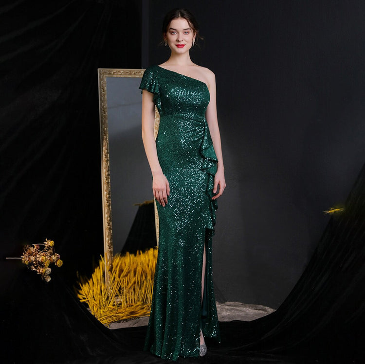 Vestido de Festa Longo Assimétrico com Detalhes Babados Verde
