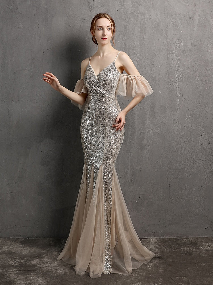 Vestido de Festa Longo Elegante com Manga com Renda Prata