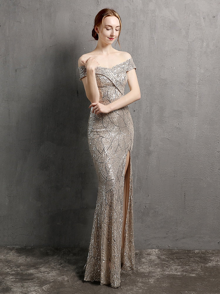 Vestido de Festa Longo com Abertura Lateral em Chiffon Prateado