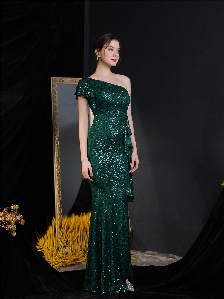 Vestido de Festa Longo Assimétrico com Detalhes Babados Verde