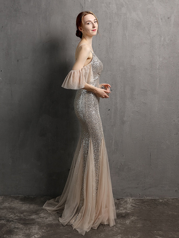 Vestido de Festa Longo Elegante com Manga com Renda Prata