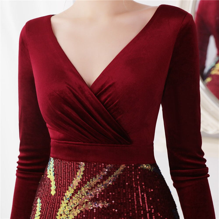 Vestido de Festa Luxo Sereia com Paetês Bordados Marsala