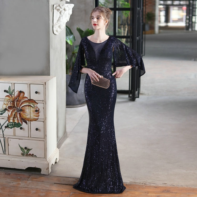 Vestido de Festa Longo com Manta Brilho Azul Marinho