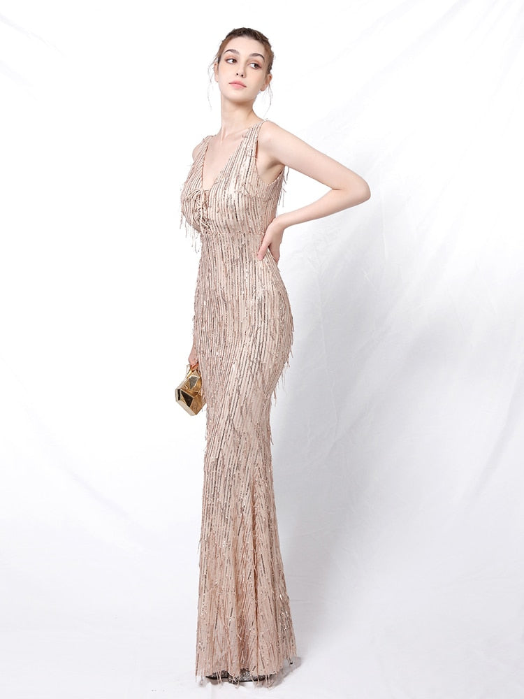 Vestido de Festa Longo Sereia Brilho Bordado Dourado