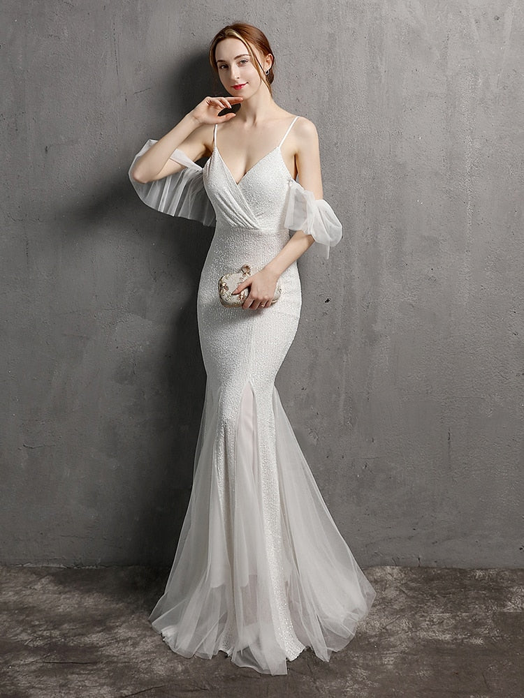 Vestido de Festa Longo Elegante com Manga com Renda Branco