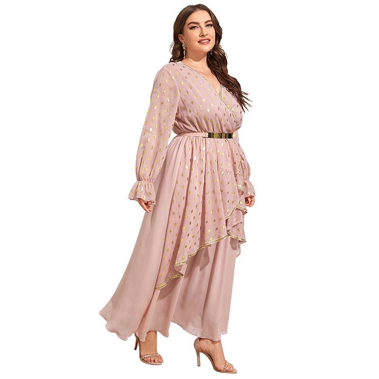 Vestido de Festa Rosé com Babados e Detalhe Cinto Dourado