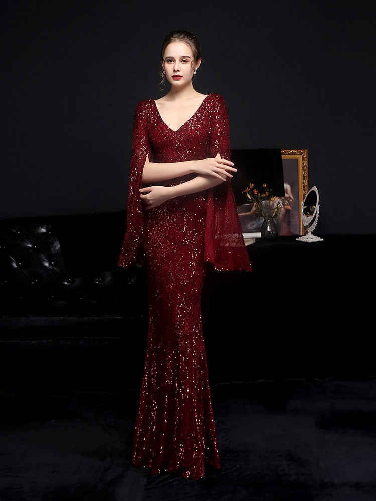 Vestido de Festa Longo Sereia Cristal com Manga Solta Marsala
