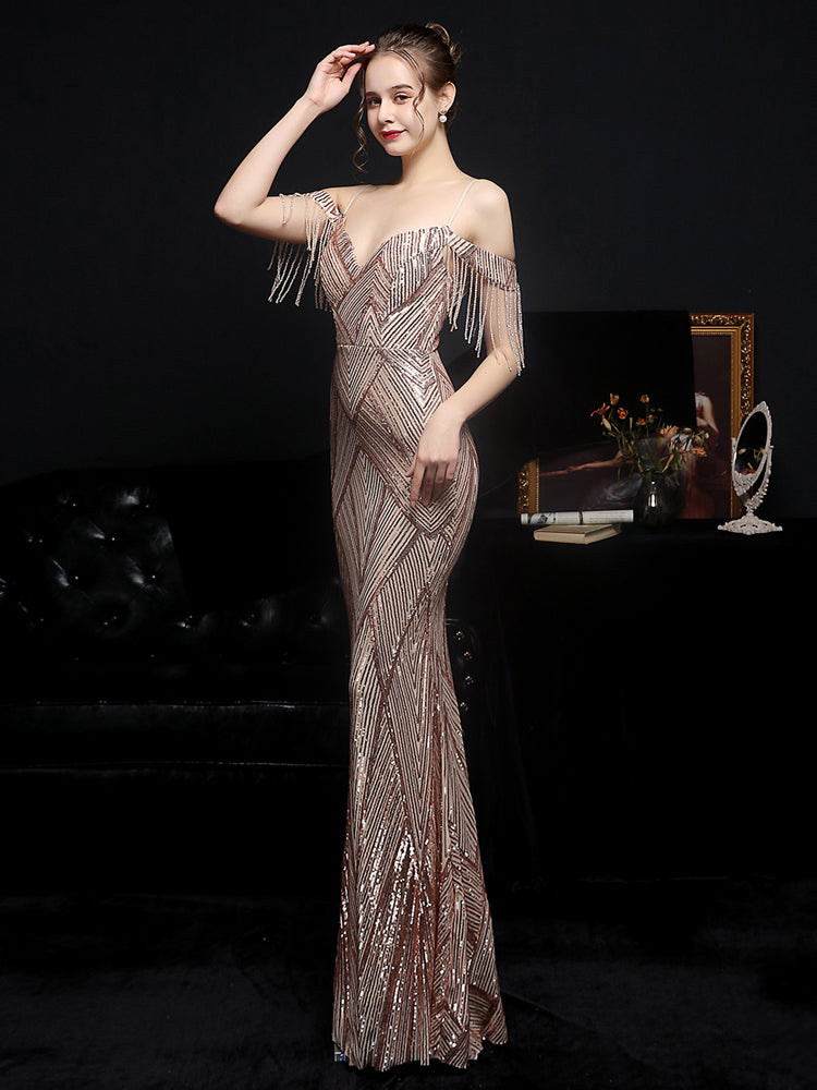Vestido de Festa Luxo com Manga Detalhada Dourado