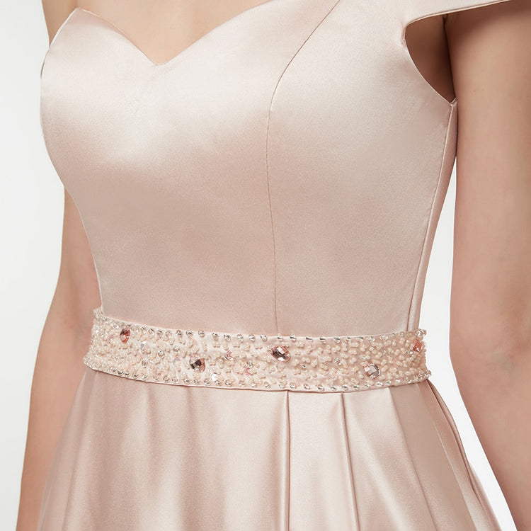 Vestido de Festa Longo Ombro a Ombro em Cetim com Cinto Decorado - Modelo Especial